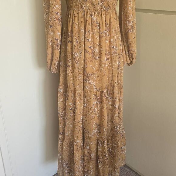 Lorraine Beige Chiffon w/ Mini Floral Prt. Gold Threads, Bohemian Dress, NWT, 12 - Picture 4 of 11